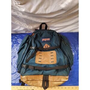Vintage 80s Jansport Leather Bottom Hiking Backpack Daypack Outdoors USA Green